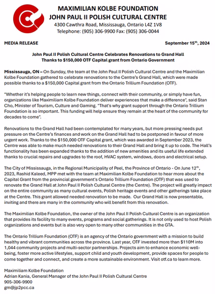 Media release announcing the Ontario Trillium Foundation capital grant for Grand Hall renovations
