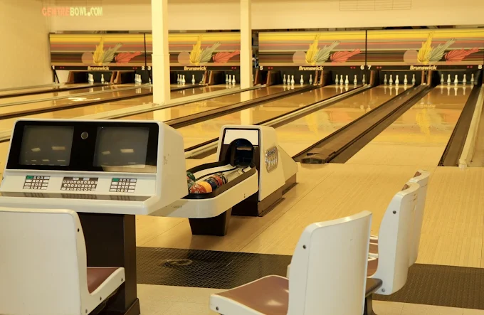 Scoring consoles and bowling lanes at Centre Bowling Lanes