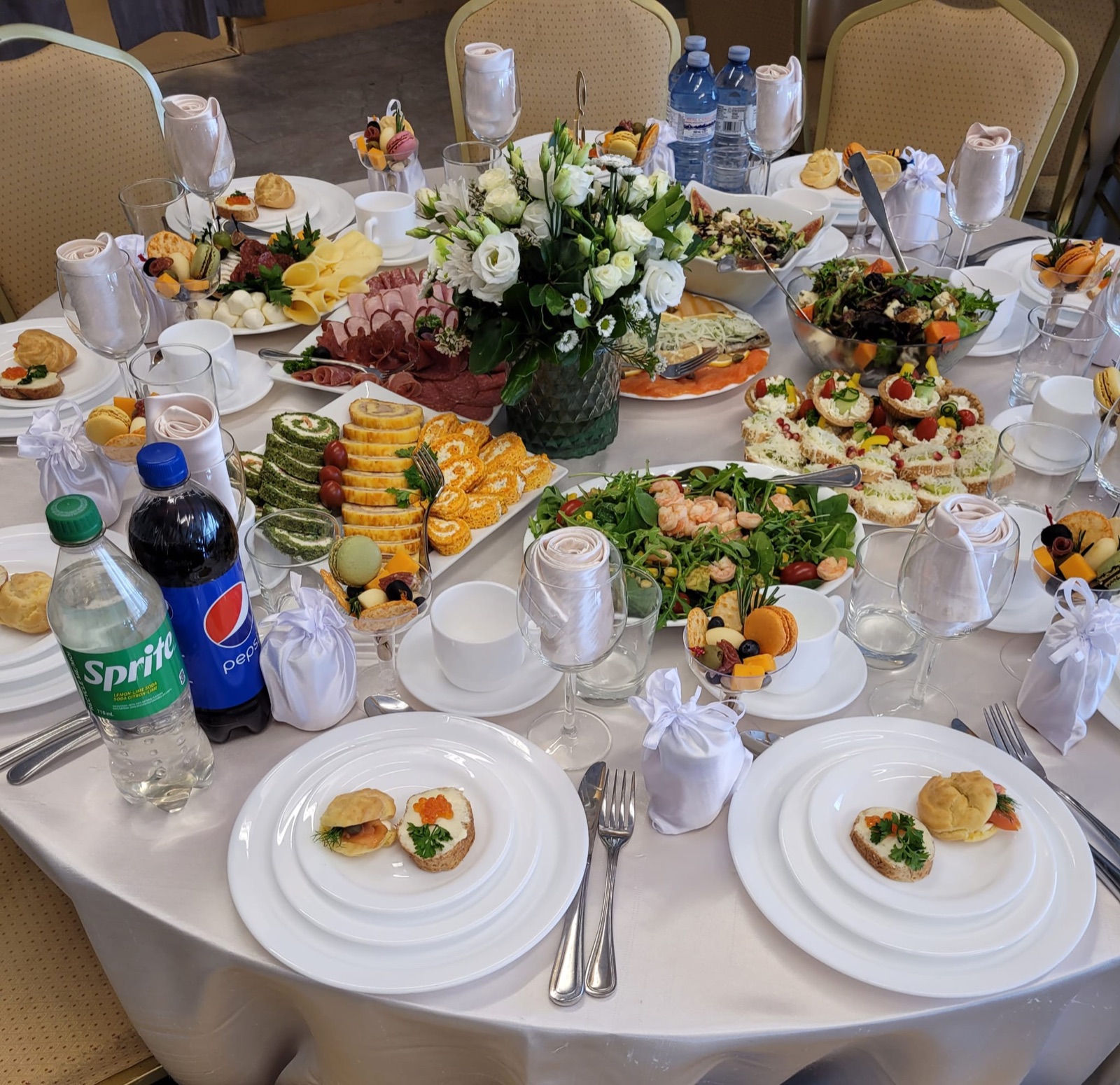 Catered table setting in the Club Room