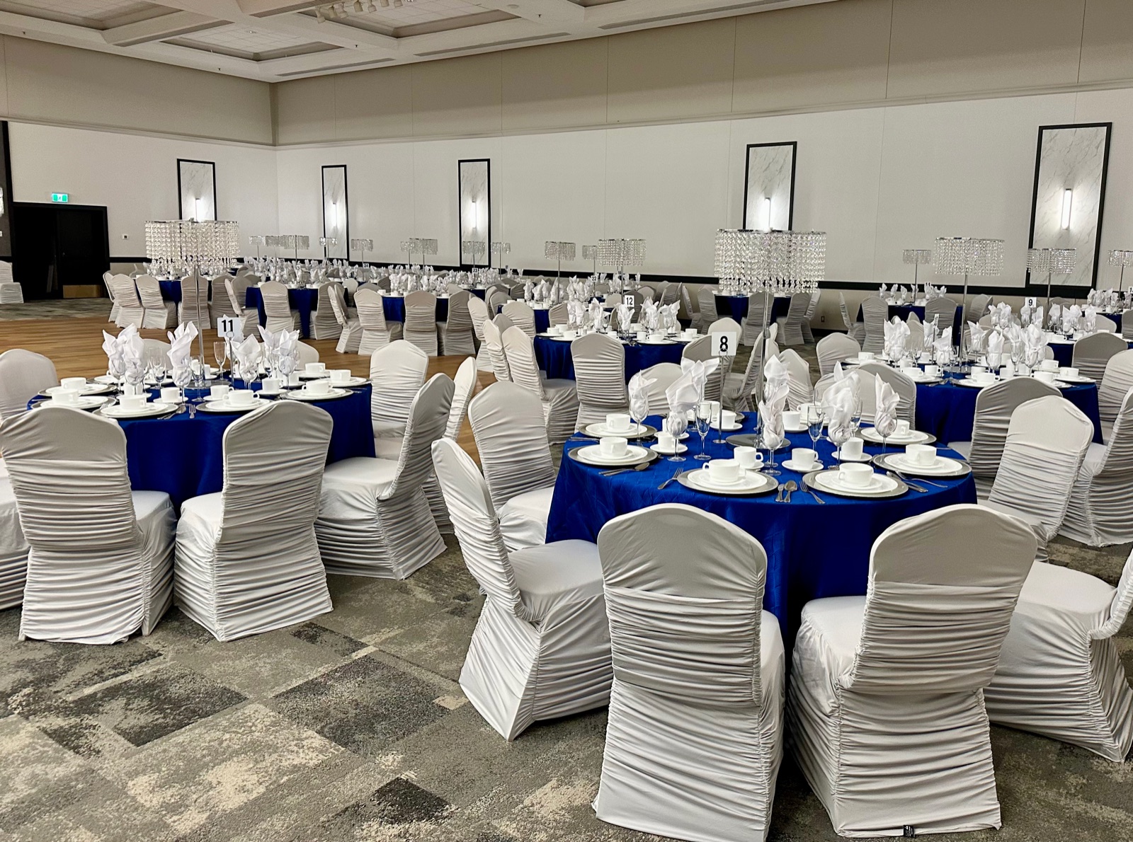 Blue and white banquet setting in the Great Hall