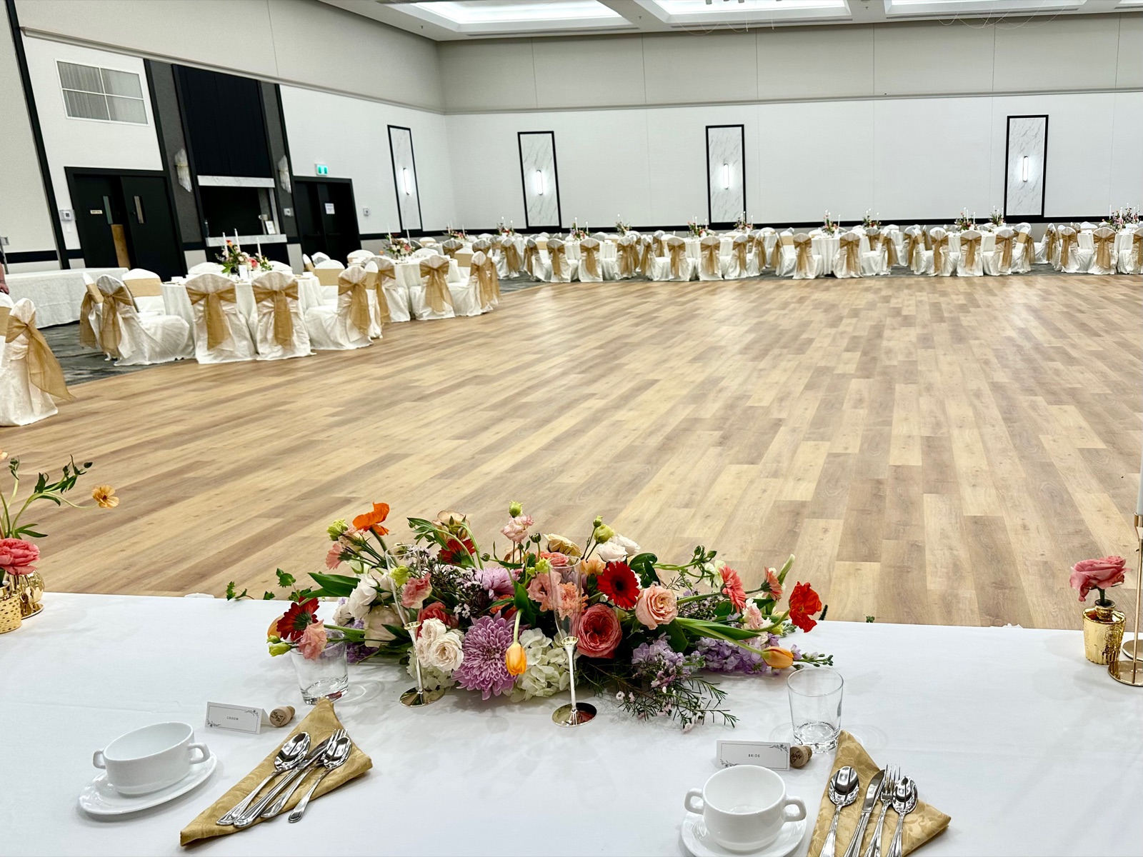 The Great Hall dance floor prepared for a reception